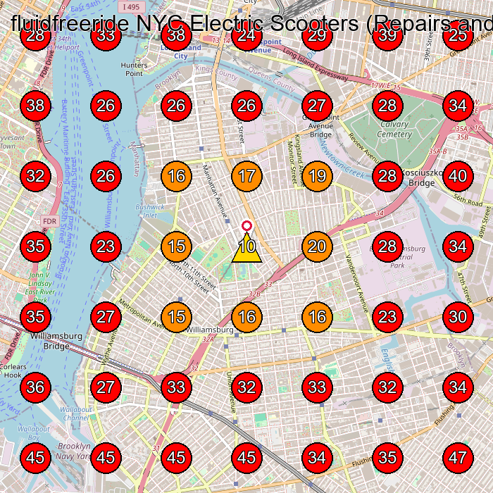 fluidfreeride NYC Electric Scooters (Repairs and Service By Appointment Only) GeoGrid visibility map for Repair Service in Brooklyn